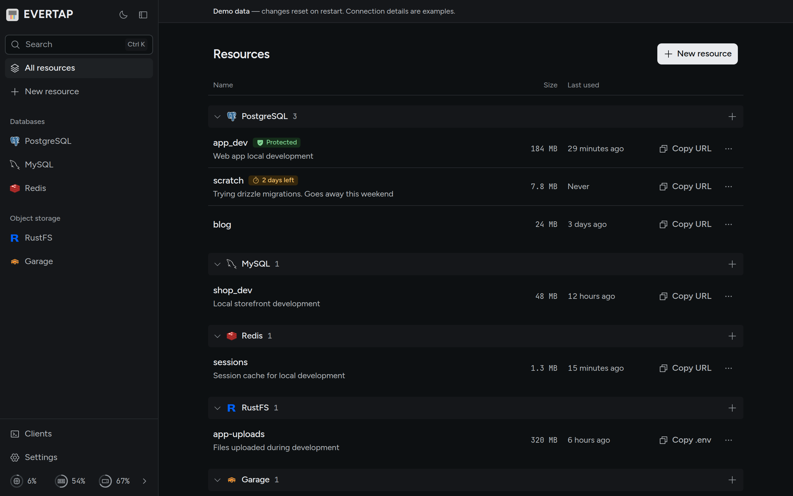 evertap's web UI listing databases and buckets, grouped by service
