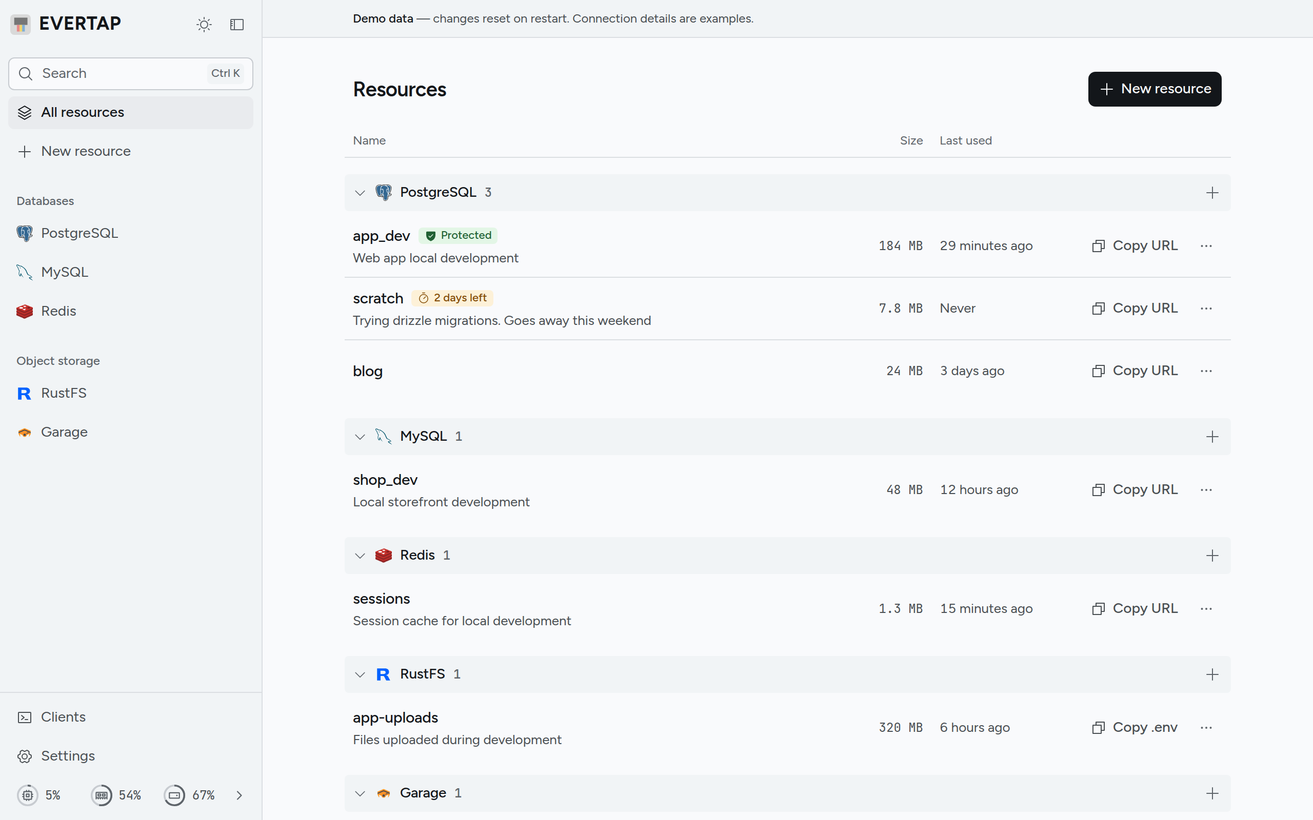 evertap's web UI listing databases and buckets, grouped by service